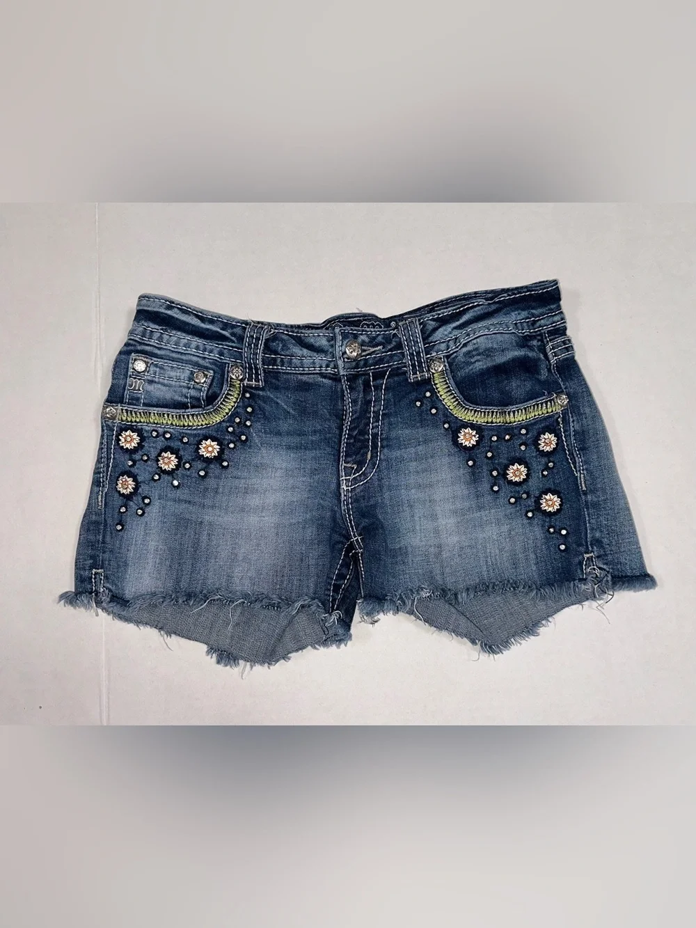 Miss Me Low Rise Distressed Size 30 Denim Shorts Embroidered Bling Pockets Y2K